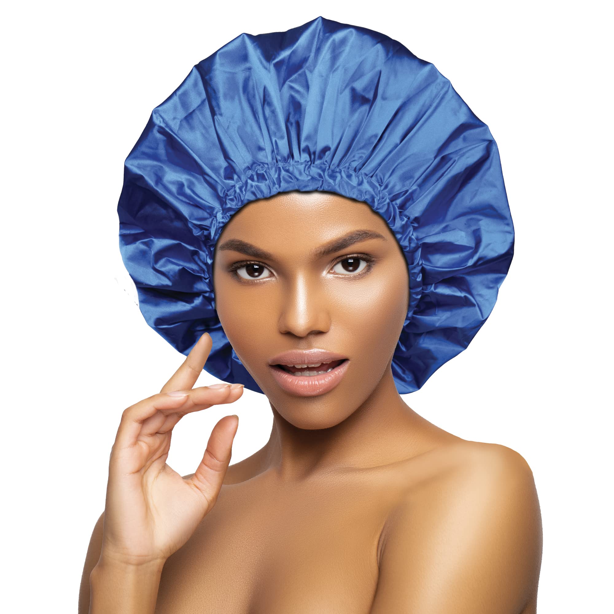 Photo 1 of DONNA Shower & Conditioning Silky Satin Cap Waterproof Bath Caps Plastic Reusable Shower Caps Elastic Band Bath Hair Hat Stocking Stuffers for Women Cobalt L-XL