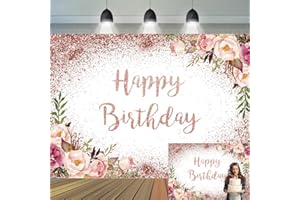 Happy Birthday Backdrop, 7x5ft Vinyl Rose Gold Shining Birthday Background, Floral Theme Birthday Party Backdrop, Sweet Princ