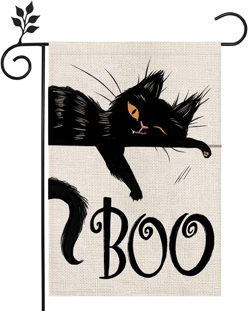 Flags - CROWNED BEAUTY Halloween Boo Black Cat Garden Flag Double Sided 12×18 Inch for Outside Small Burlap Spooky Holiday Yard Flag