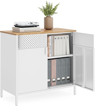 SONGMICS Storage Cabinet Metal Cabinet with Double Doors Rustic Brown Black