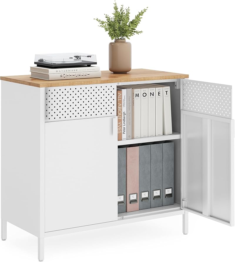 SONGMICS Storage Cabinet Metal Cabinet with Double Doors Rustic Brown Black
