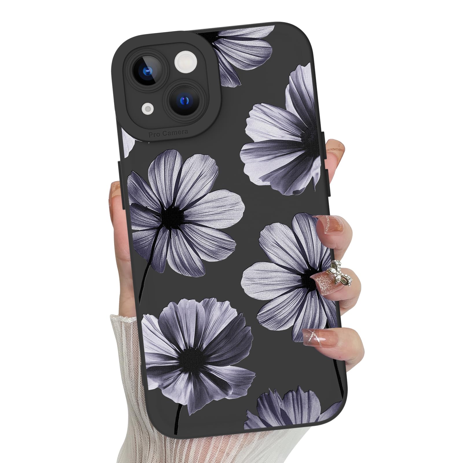 Photo 1 of MZELQ for iPhone 14 Case, Silicone Floral Flower Rose Cute Pattern, Camera Protection Soft Slim Phone Case for Phone Case -Black