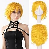 SEGO Unisex Short Fluffy Layered Straight Anime Cosplay Wig, Heat Resistant Synthetic Hair for Halloween, Party, Costume, Yellow Wig