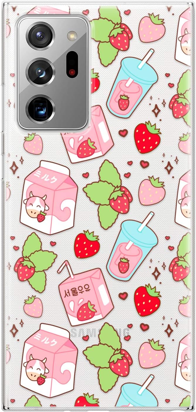 Lex Altern TPU Case Compatible with Samsung Galaxy S21 Note 20 Plus S20 Ultra S10 5G 9 Flexible Clear Korean Summer Print Kawaii Cute Silicone Lightweight Pink Strawberry Milk Slim Cover Soft phh481
