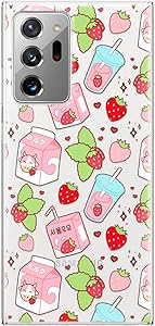 Lex Altern TPU Case Compatible with Samsung Galaxy S21 Note 20 Plus S20 Ultra S10 5G 9 Flexible Clear Korean Summer Print Kawaii Cute Silicone Lightweight Pink Strawberry Milk Slim Cover Soft phh481
