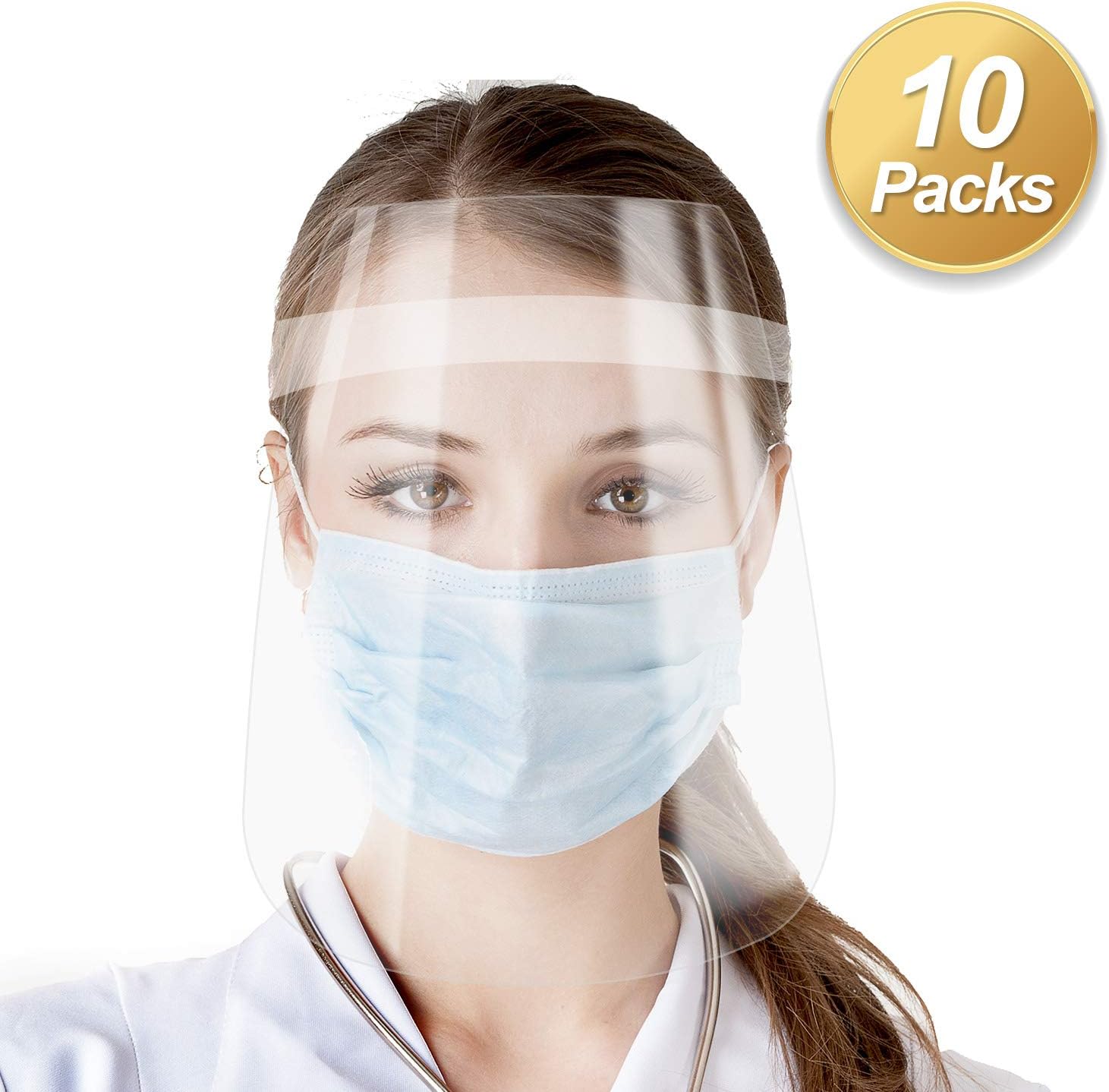 10 Packs Safety Face Shield,Adjustable Reusable Face Shields with Clear Plastic Protective Film Transparent Full Face Protective