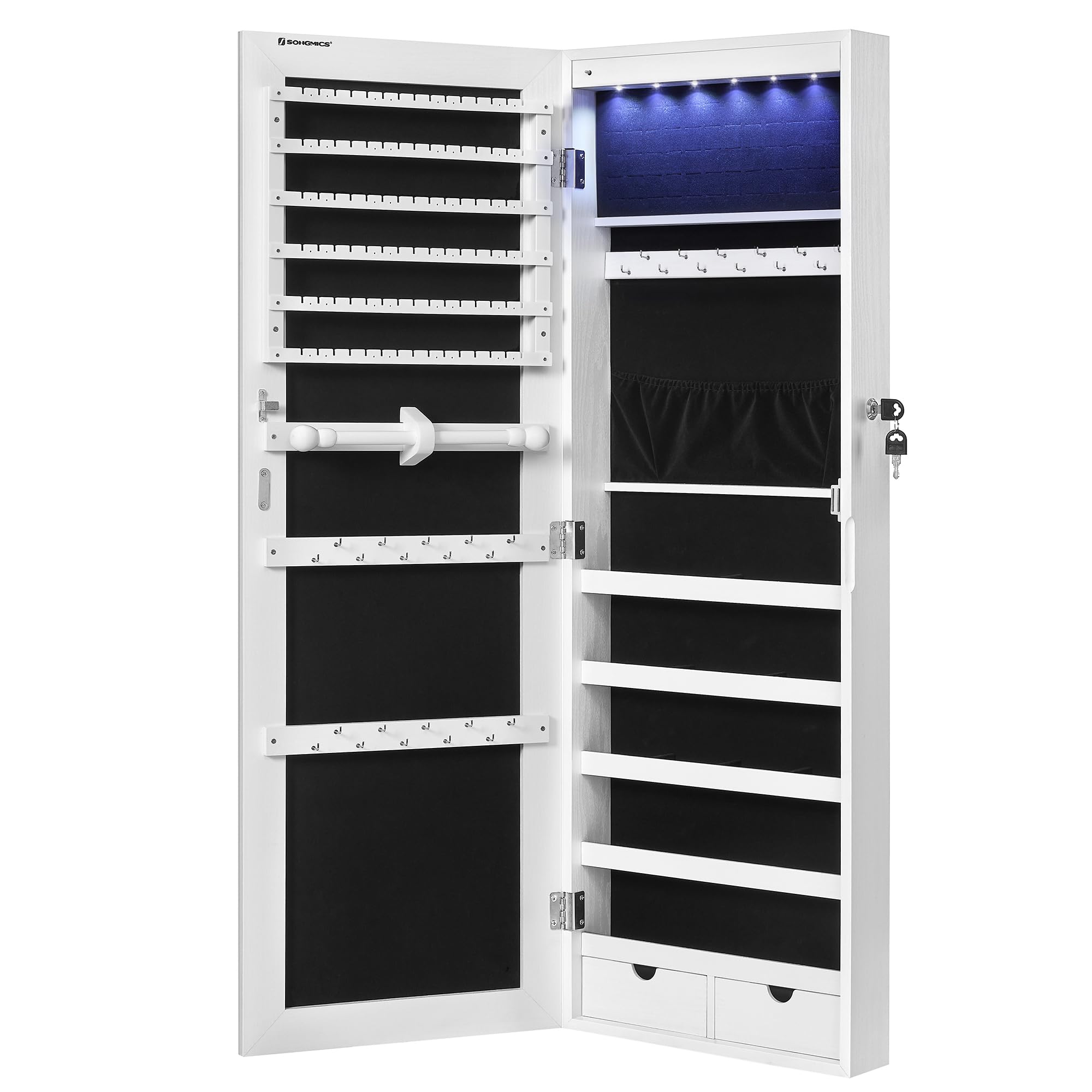 SONGMICS SONGMICS Hanging Jewelry Cabinet, Wall-Mounted Cabinet with LED Interior Lights, Door-Mounted Jewelry Organizer, Full-Length Mirror, Gift Idea, White UJJC99WT