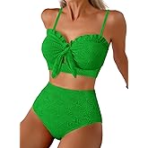 Herseas Women's Seashell Textured Bikini Sets Knotted Front 2 Piece Swimsuits Ruffle Trim Bathing Suits