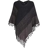 Fomolom Women Striped Poncho with Tassels Knitted Shawl Scarf Fringed Wrap Sweater Pullover Cape Gifts for Women