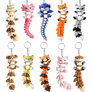 10Pcs 3D Printed Animals Figurines Set, Articulated Cute Long-Tail Animal Charms with Durable Metal Keychains, Desktop Orname