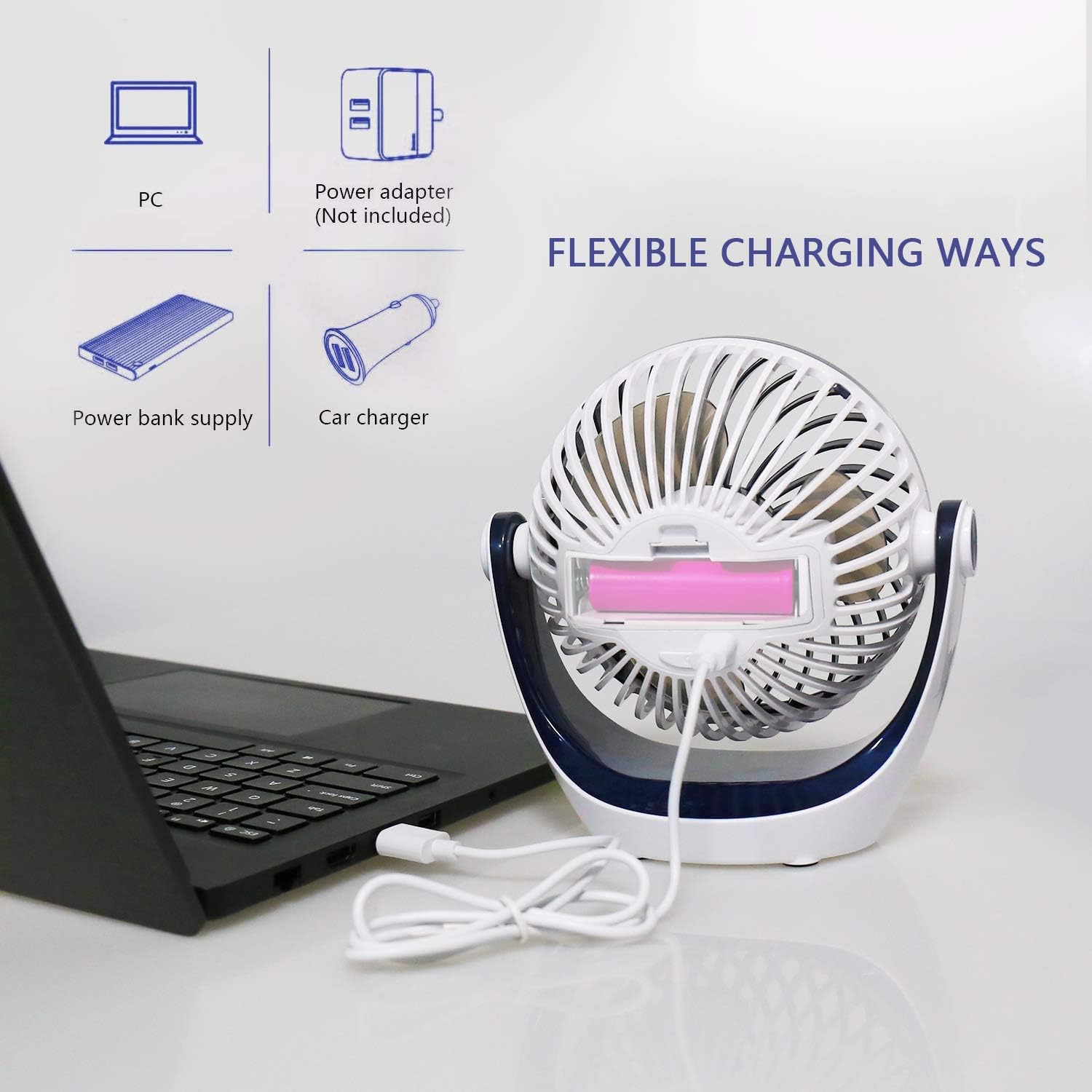 Aluan Desk Fan Small Table Fan with Strong Airflow Rechargeable Battery Operated Portable Fan 3 Speeds Adjustable Head 360°Rotatable Mini Personal Fan for Home Office Bedroom Table and Desktop: Kitchen & Dining