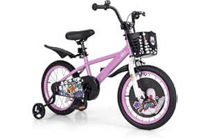 BABY JOY Kids Bike, 12 14 16 18 Inch Child Bike for 3-8 Years Old with Adjustable Height, Training Wheels, Storage Basket, Ha