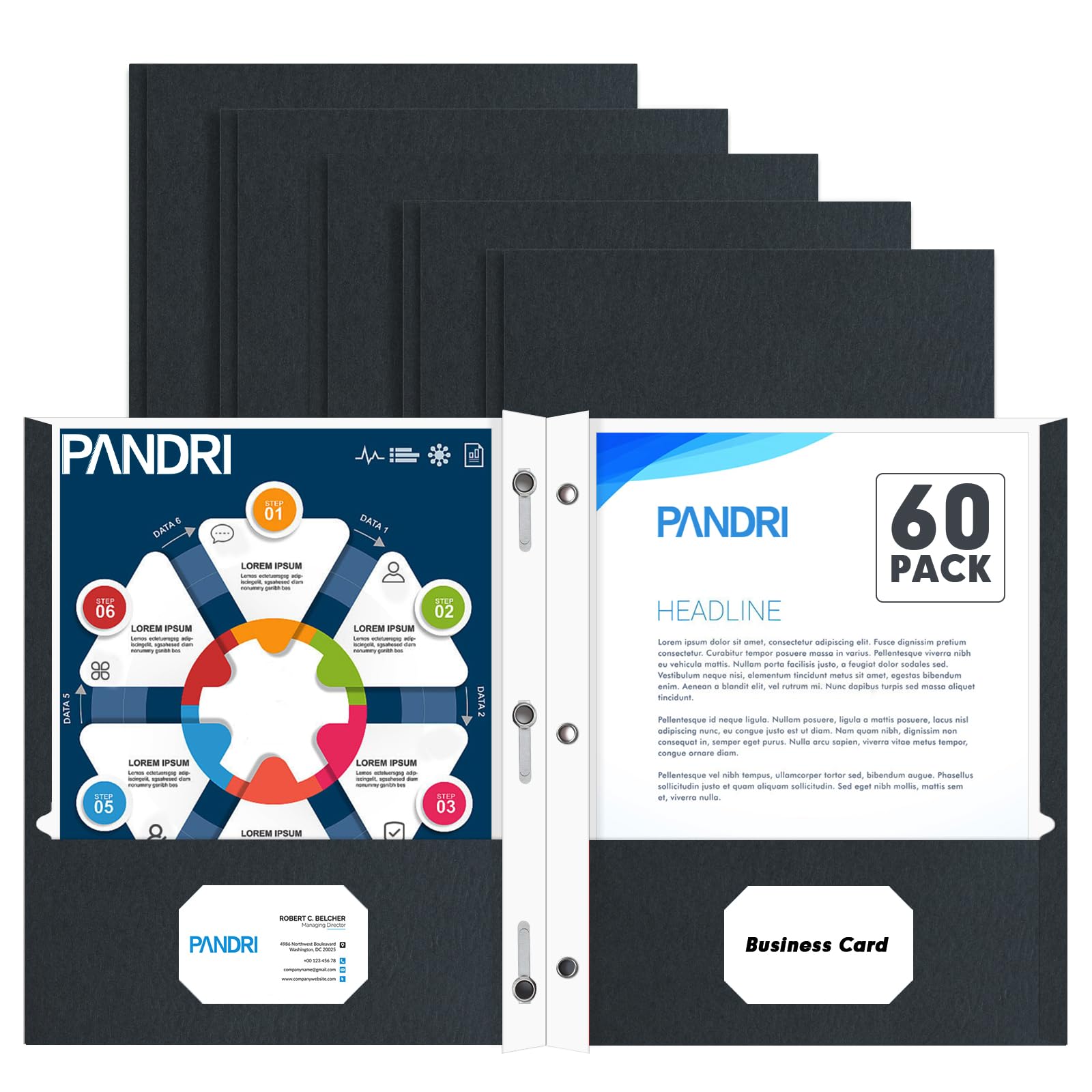 Photo 1 of Two Pocket Folders, PANDRI 60 Pack Two Pocket Folders with Prongs, 3 Prong Folders Designed for Office and Classroom, Letter Size Black