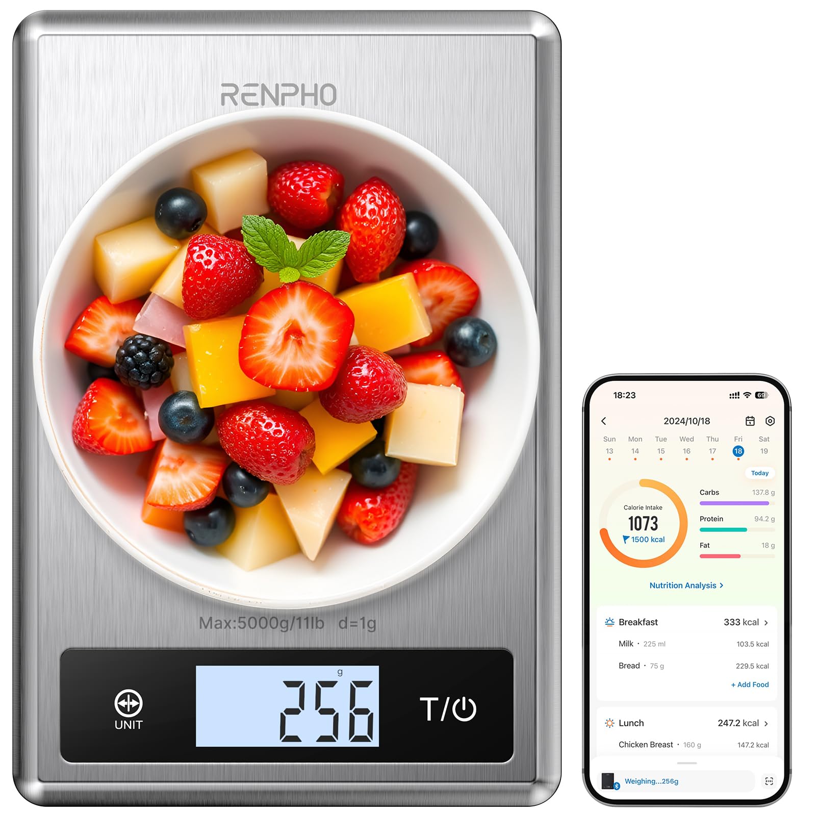 Photo 1 of RENPHO Digital Food Scale with Nutritional Calculator, Smart Food Kitchen Scale, Food Weight Scale Grams and Ounces for Weight Loss, Calorie, Macro and Cooking, Stainless Steel
