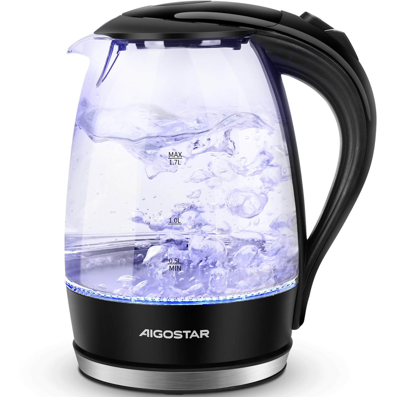 Aigostar Adam 30KHH Glass Electric Kettle, 2200W Fast Boil, 1.7L BPA-Free Water Boiler with LED Light, Auto Shut-Off & Boil-Dry Protection, Borosilicate Glass, Black