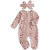 Userdefined Baby Girl Christmas Outfit Romper Onesie Candy Cane Print Footie Jumpsuit Baby Fall Winter Clothes (Pink, 0-3 Months)