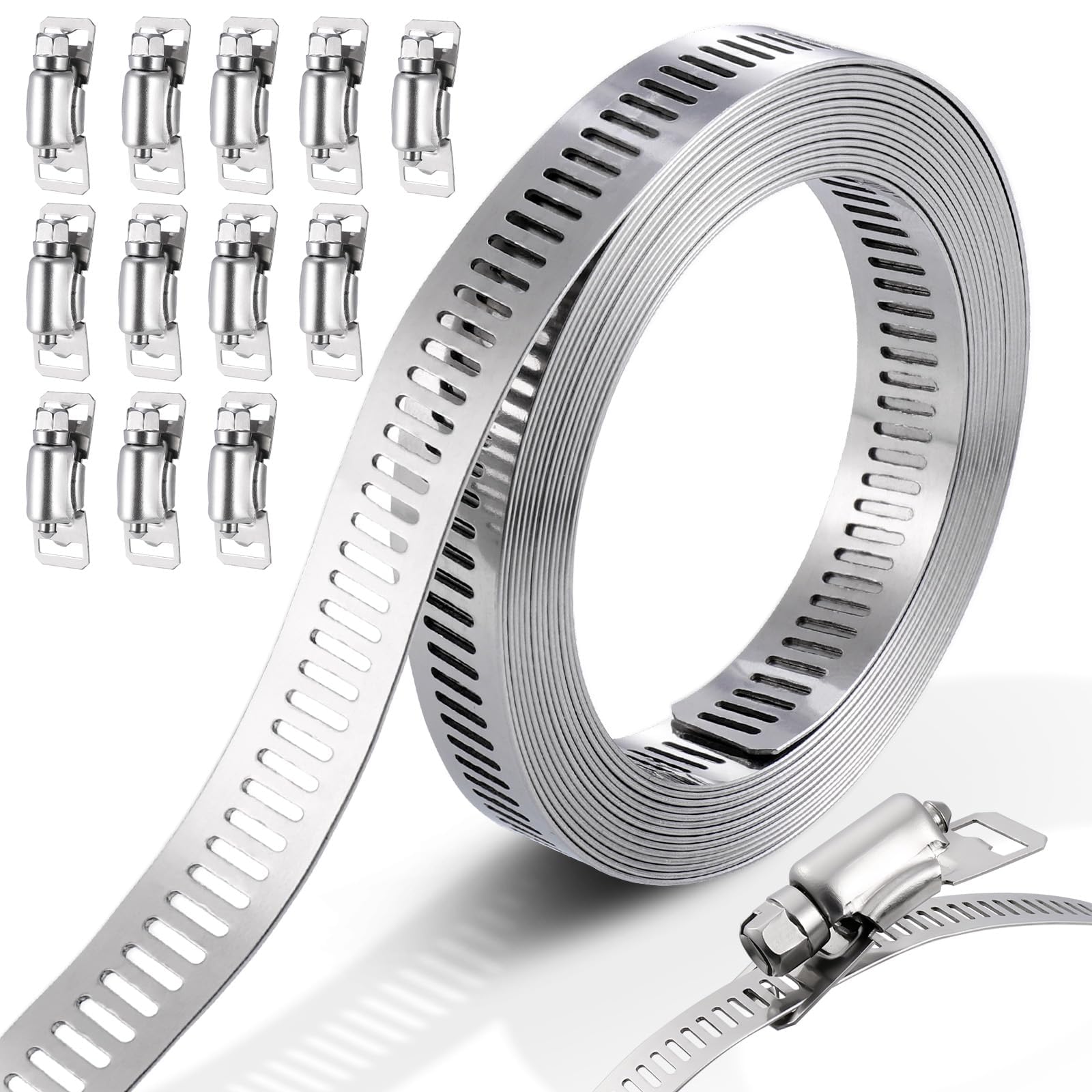 JIZZU Hose Clamp Kit DIY 9.8 Feet Metal Strap + 12 Stronger Fasteners Large Adjustable Clamp Worm, Gear Band Hose Clamps Screw Clamps Duct Pipe Metal Clamp Strapping for Pipe, Plumbing, Tube, Silver