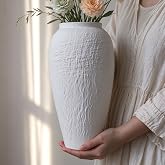 White Ceramic Vase, Large 12.6 Inch Tall Ceramic Flower Vase Home Decor, Minimalist Texture Stone White Flower Vase, Decorative Vase for Living Room Shelf Farmhouse Dining Table Centerpiece Decor