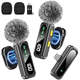 Wireless Microphone for iPhone, iPad, Android, Mini Microphones with LED Indicator & Noise Reduction, Magnetic Clip on Lavalier Microphone for Interview Video Recording Podcast YouTube Tiktok Vlogging