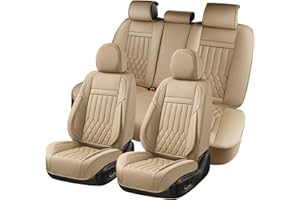 KEYOOG Universal 5-Seater Waterproof Breathable Nappa Leather Car Seat Covers Full Set, Fit for Front Rear Seats, Compatible with Hy-undai Sonata, To-yota Camry, Fo-rd F-150, Fit Most Sedans SUV Beige