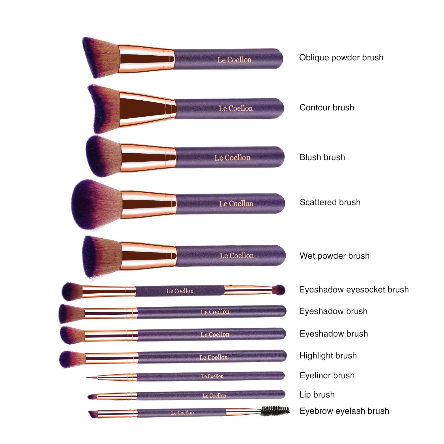 Le Coellon Antibacterial Makeup Brushes Set, 12PCS Premium Synthetic Face Foundation Powder Blending Blush Concealers Eyeshadow Eyebrow Eyeliner Lip Brush Kabuki Brushes Set with Carrying Case Purple