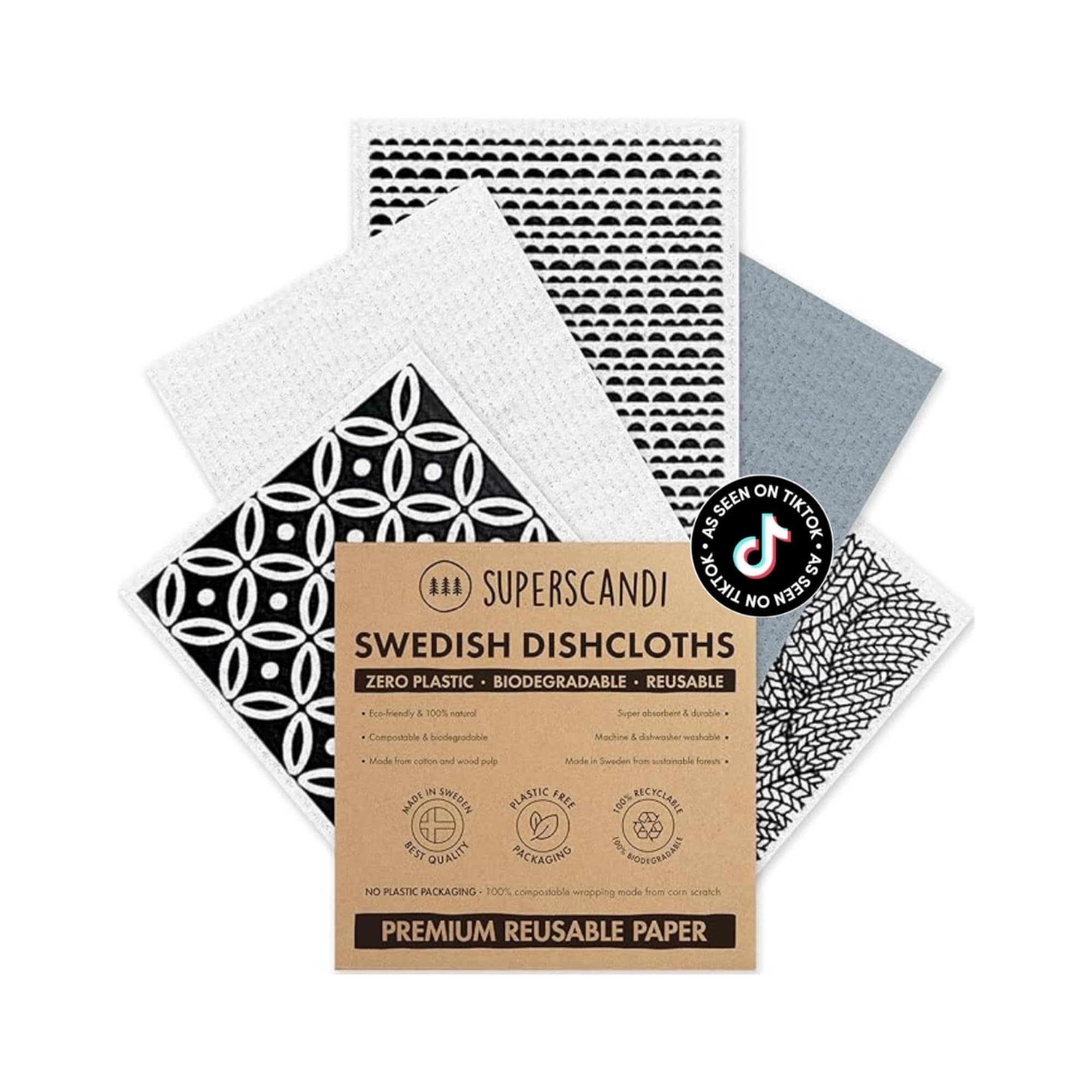 SUPERSCANDI 5 Pack Reusable Cleaning Cloths - 100% Biodegradable & Compostable | Washable Swedish Dishcloth - Food-Safe & Plastic-Free | Kitchen Cloth Suitable for Any Surface, Scandi Artdeco White