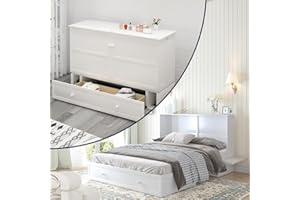 ijuicy Murphy Bed Queen Size with Foam Mattress, Side Storage Board, Cabinet Bed with Charging Station Large Storage Drawer for Space-Saving Room, Foldable Hideaway Bed Queen-Pure White