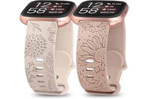 Minyee 2 Packs Floral Engraved Band Compatible with Fitbit Versa 2/Fitbit Versa/Versa Lite Bands Women, Cute Soft Silicone Sunflower Dandelion Sport Designer Fancy Summer Strap for Versa 2 Smart Watch