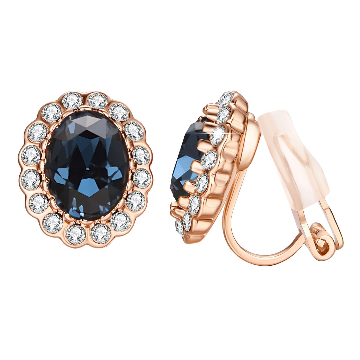 Vogem Deep Blue Non Pierced Clip On Earrings for Women Ladies Sapphire CZ Crystal Clip Earring Non Pierced Rose Gold Plated 18ct Vintage Royal Blue Earrings Jewellery