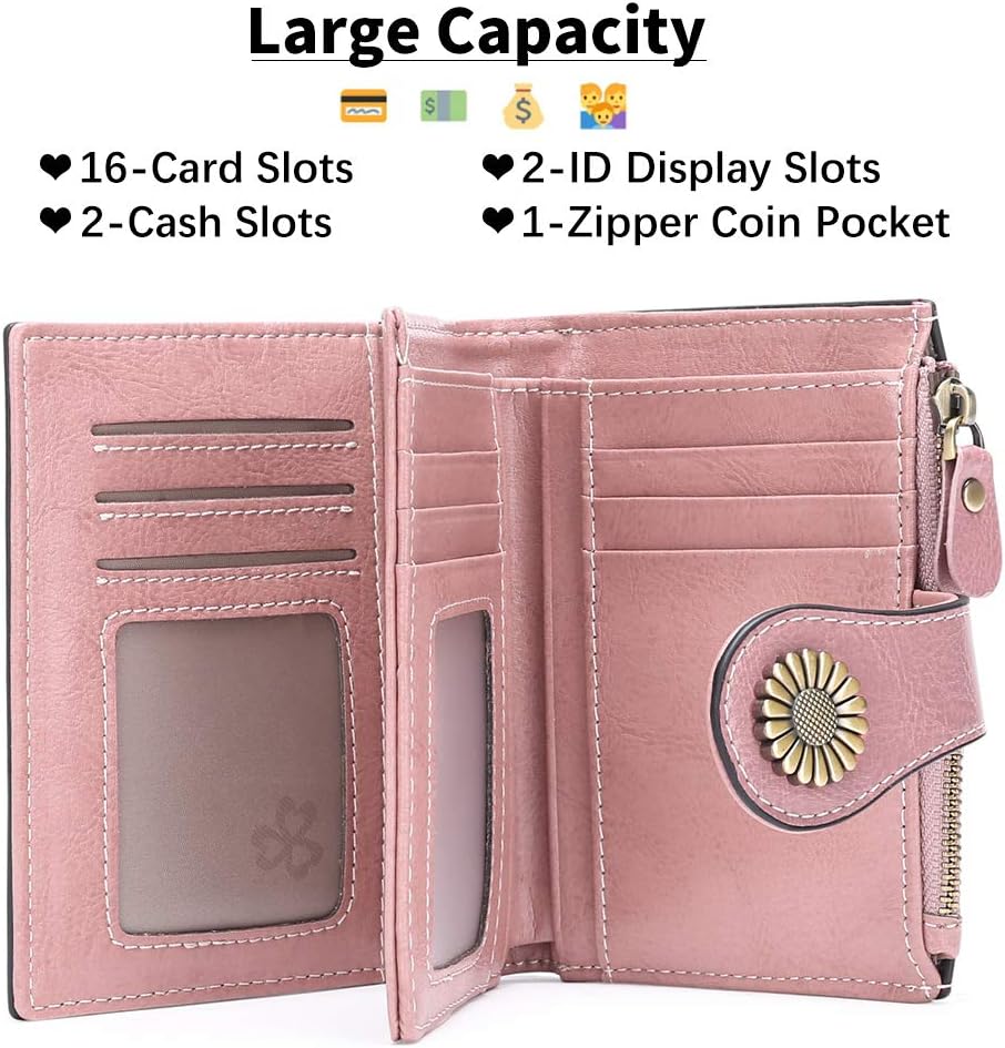 SENDEFN Women's Wallet Genuine Leather RFID Blocking Short Wallet with 16 Card Slots, Ae_pink - Image 3
