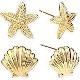2 Pairs Gold Earrings for Women, Summer Beach Starfish Shell Stud Earrings Set Copper Material Dainty Ocean-Themed Jewelry Accessories for Summer Travel Vacation Daily Wear (Gold)
