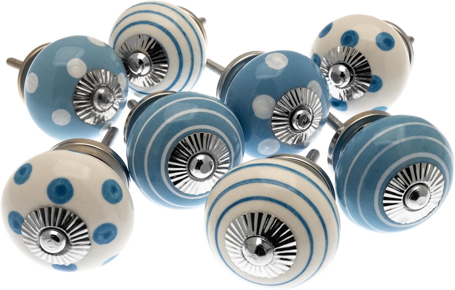 Mango Tree Mixed Set of 8 x Blue and White Spots and Stripes Ceramic Door Cupboard Drawer Knobs/Door knobs/Drawer knobs