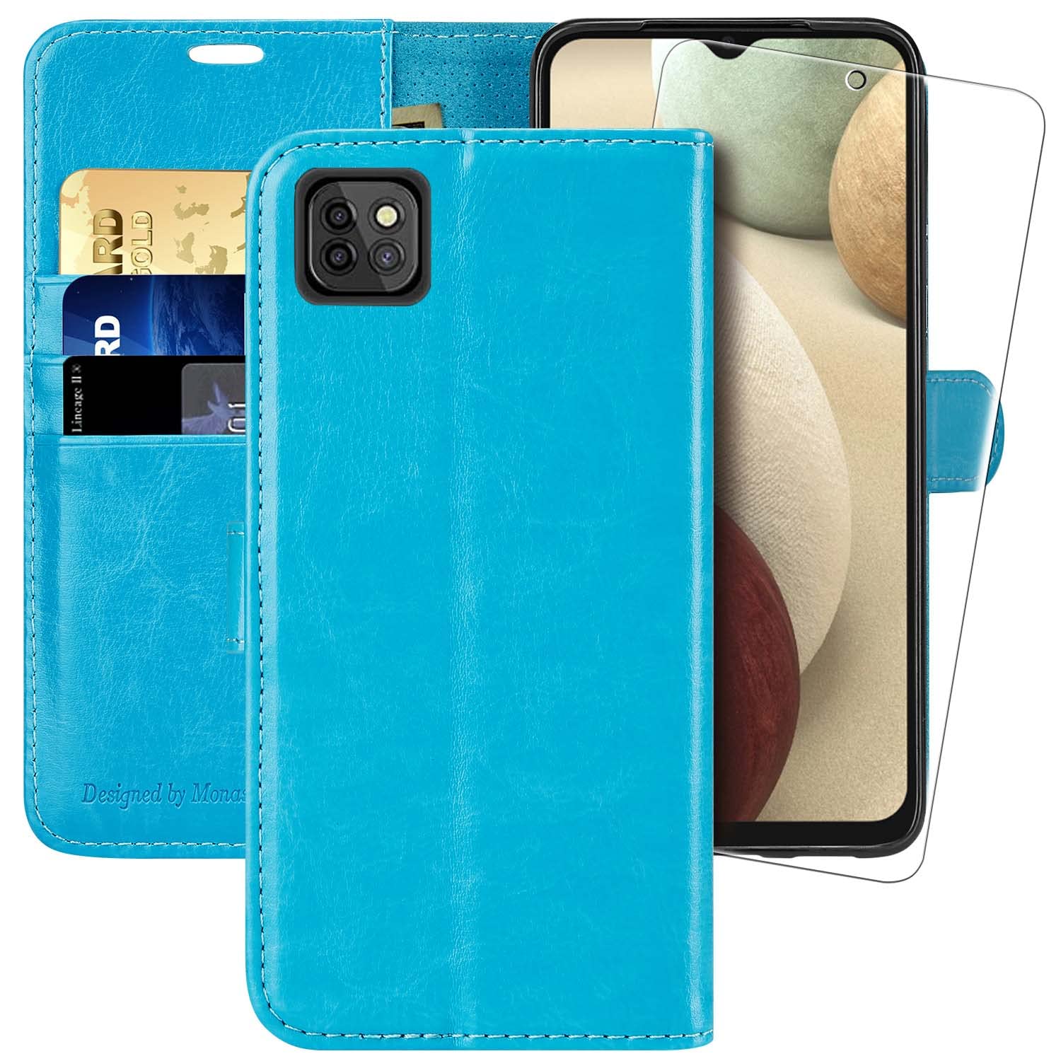 MONASAY Case for Galaxy A22 5G 2022, Magnetic PU Leather Wallet Case with [RFID Blocking][Screen Protector] Credit Card Holder Viewing Stand, Protective Folio Cover, Light blue