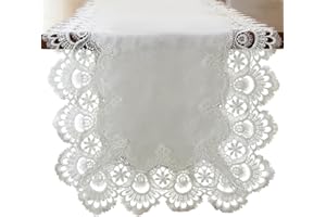 Linen Table Runner 16x47 Inch White Lace Table Runner White Elegant Decorative for Dining, Tea, TV Bench