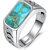 Yaresul 5ct 925 Sterling Silver Mens Teal Turquoise/Synthetic Black Onyx Rings Rectangle-Cut Handmade Mens Cuban Link Ring Anillos de Hombre for Birthday Jewelry Gift Band Width 4.8mm Size 8-12