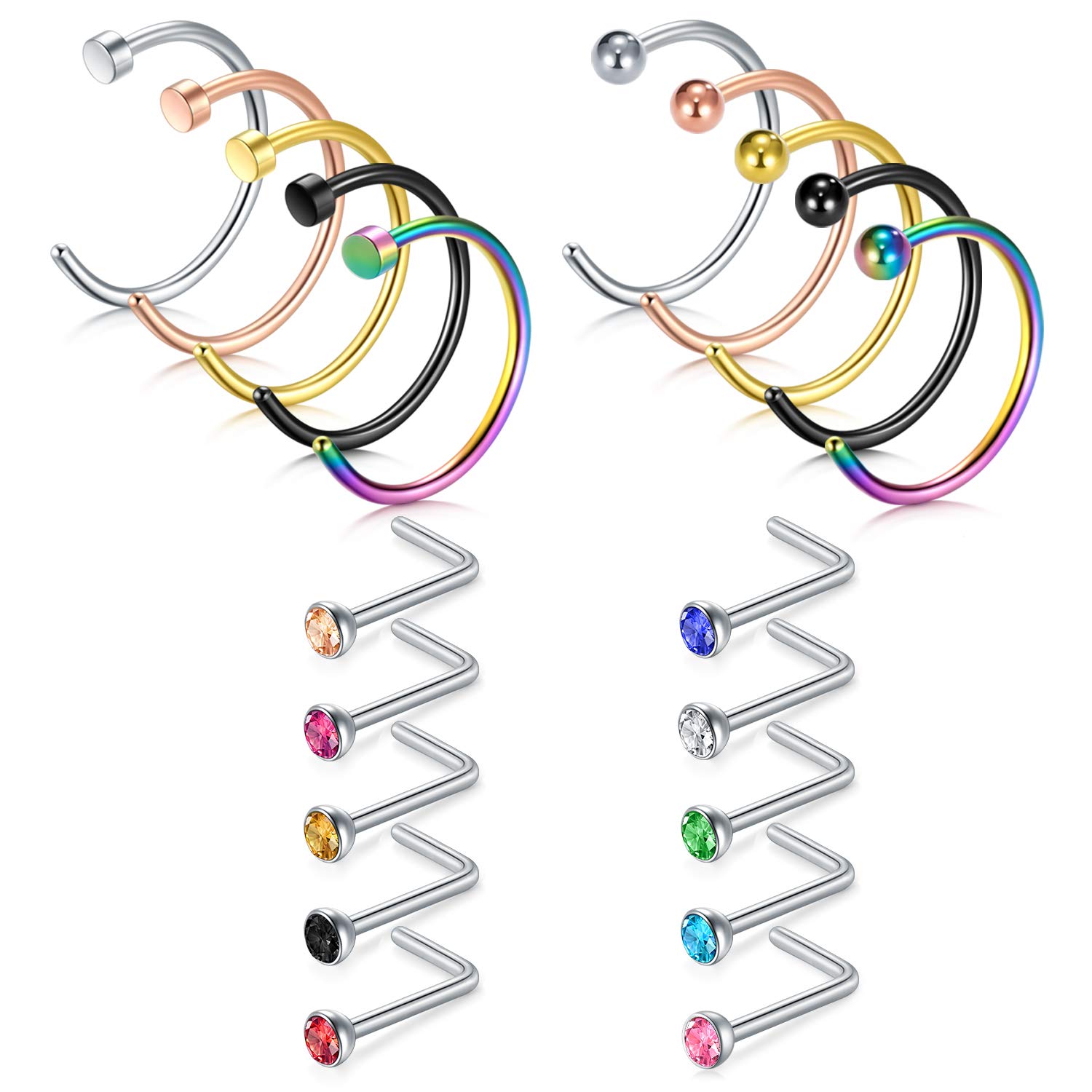 AceFun 20G Nose Studs Nose Piercing 0.8mm Nose Rings Hoop Multipack Stainless Steel Mix Color Diamond CZ Bone L Shaped Nose Screw Studs Piercing Jewelry 20PCS for Women Men