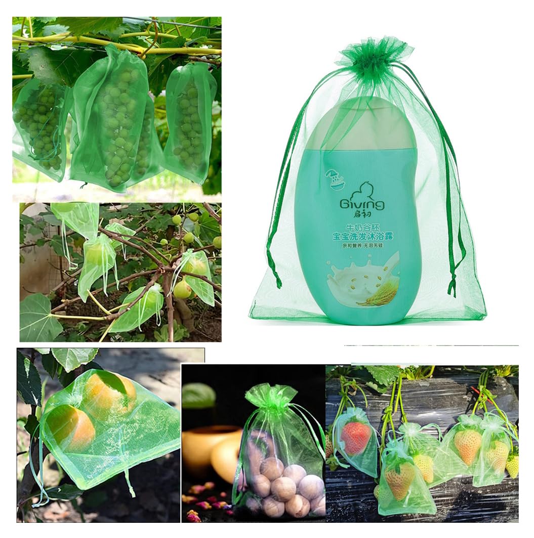 Egurs Grape Protective Bags 20 x 30 cm Green Organza Bags with Drawstring Organza Bag Grape Protection Bag Garden Mesh Bag Drawstring for Protection Against Birds Green Pack of 100