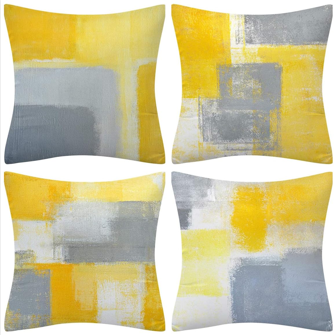 QUALKNOY Set of 4 Cushion Covers 18"x18" Yellow and Grey Linen Modern Abstract Art Decorative Throw Pillow cases 45 x 45cm for Living Room Outdoor Décor
