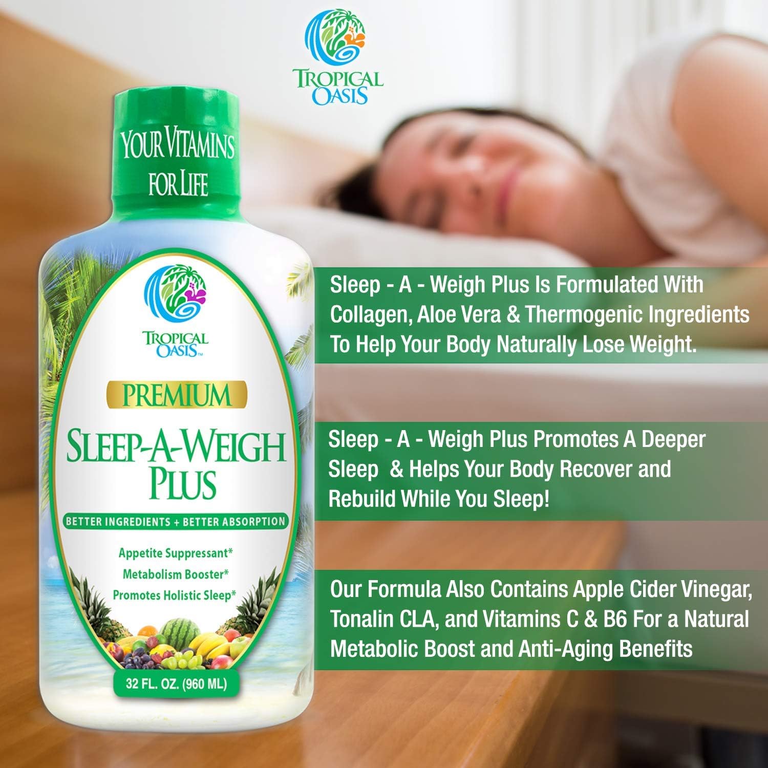 Sleep-A-Weigh Plus | Liquid Sleep Multimineral | Natural Sleep, Stress & Weight Loss Aid | w/Collagen, L-Carnitine, L-Lysine, Tonalin CLA, Apple Cider Vinegar, 5-HTP, Vitamins | Non-GMO | 32 Serv: Tropical Oasis: Health & Personal Care