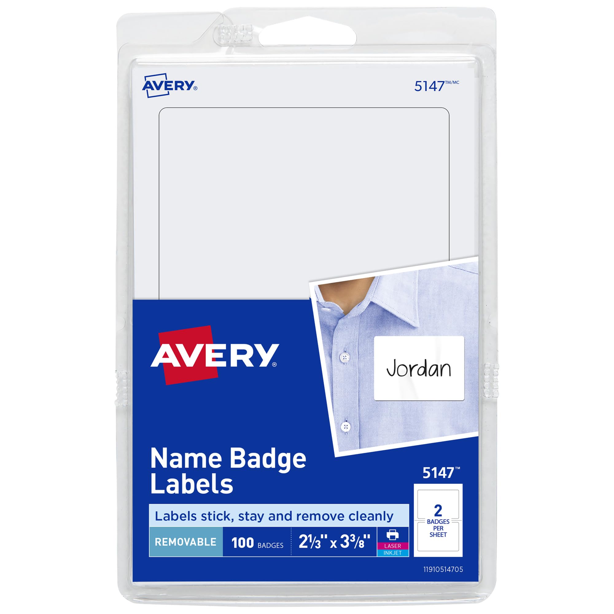 Avery Name Tags, White, Packs of 100 per Pack, 18 Packs, 1,800 Removable Name Badges Total (05147)