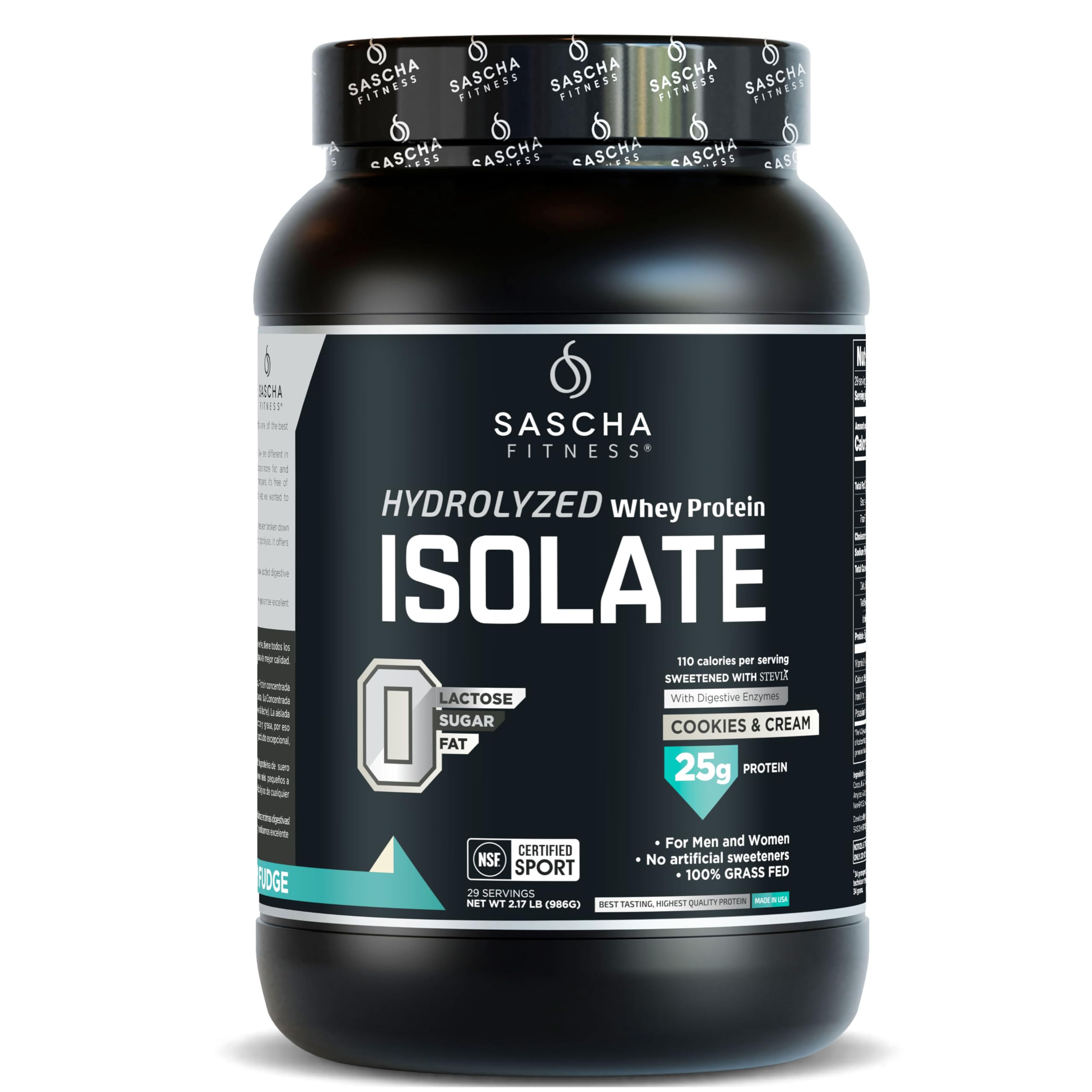Aislado de proteína de suero hidrolizado SASCHA FITNESS, 100% alimentado con pasto (2 libras, galletas y crema)