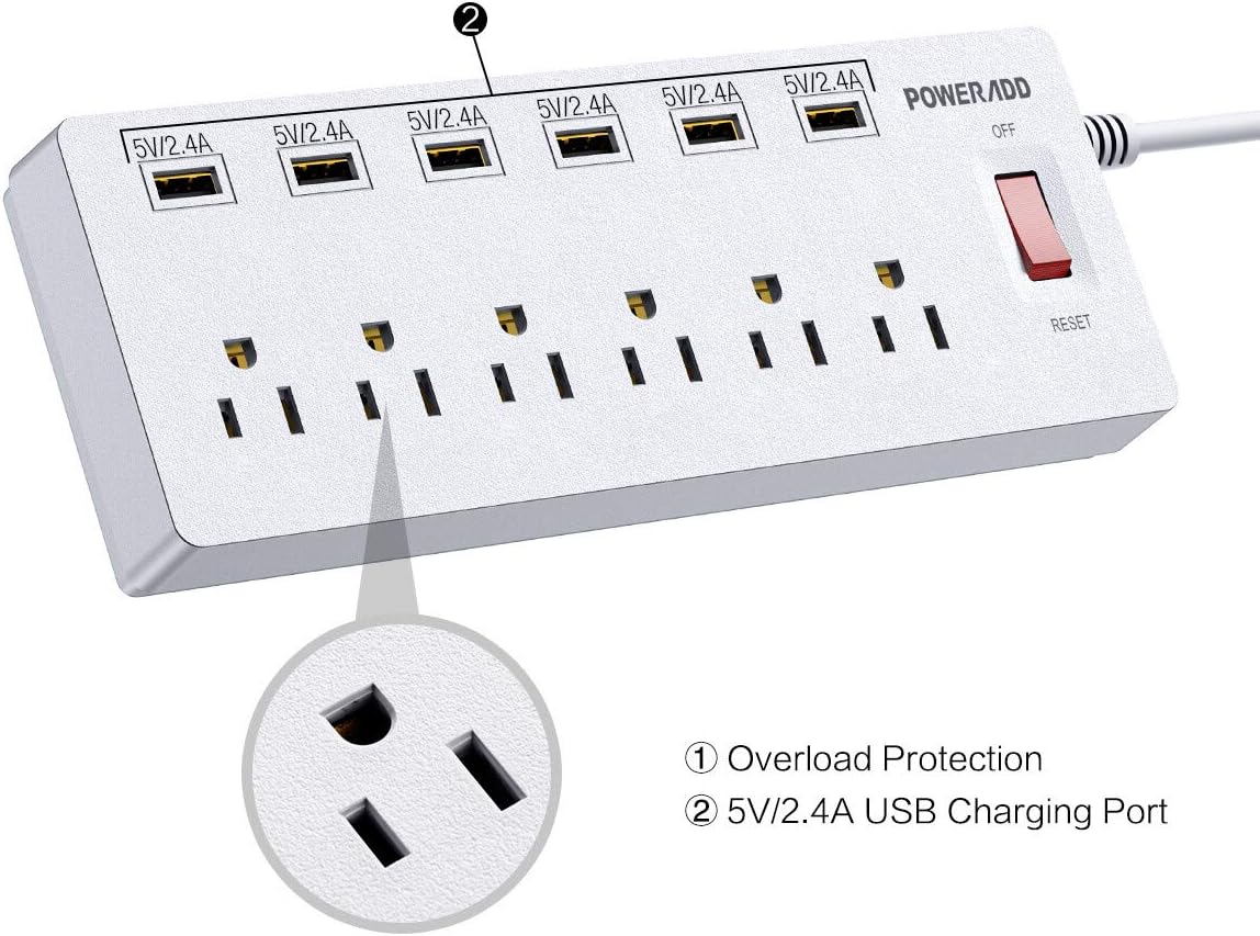 POWERADD Surge Protector USB Power Strip 6 USB Ports 6ft Heavy Duty Cord, USB Outlet Extender Home & Office 1625W 13A: Electronics