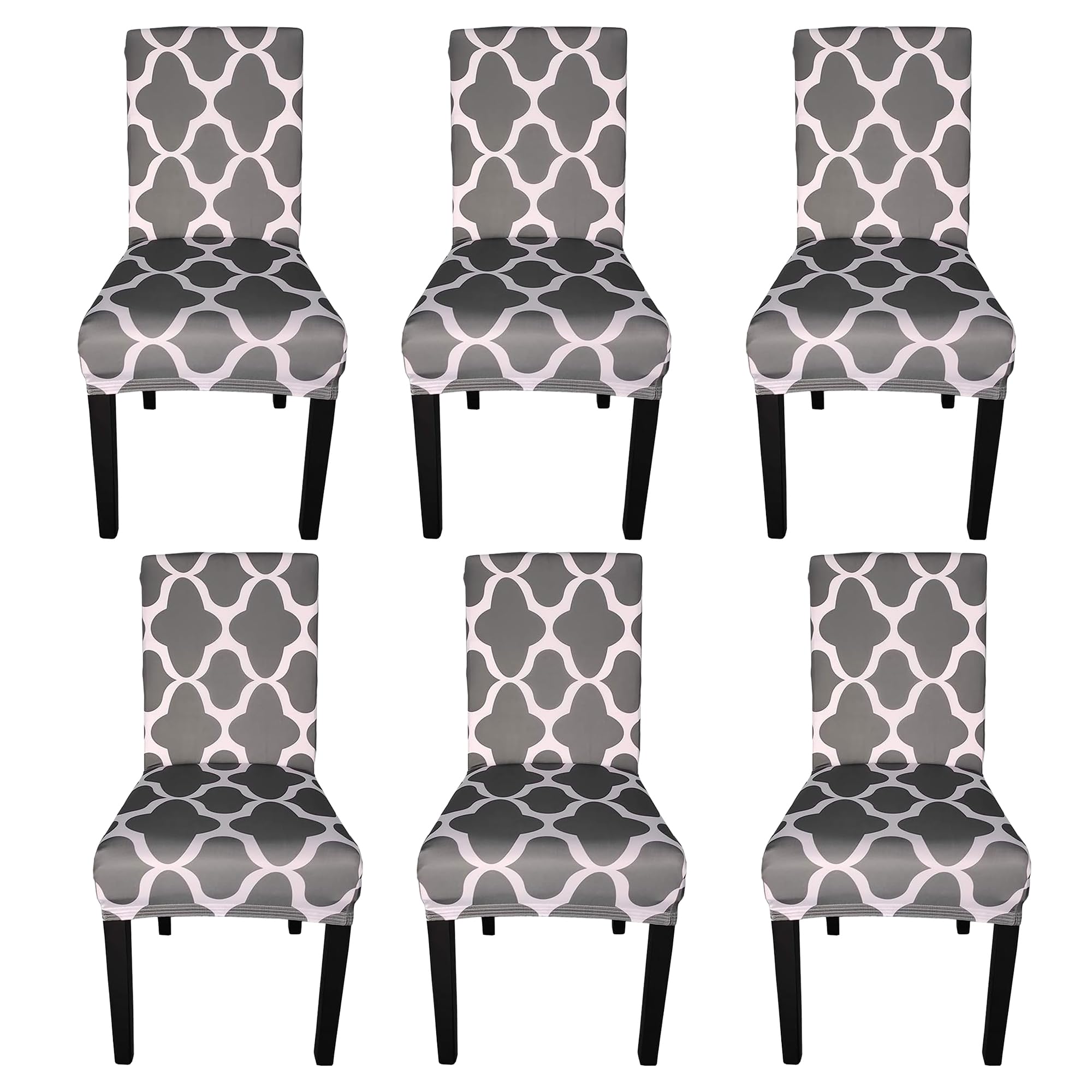 Printed High-Back Chair Covers for Dining Room Chairs – Spandex Stretch, Universal Armless Chair Protective Slipcover for Kitchen, Wedding, Party, Banquet & Hotel, Trellis Design - Grey, Pack of 6