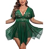 Avidlove Women's Plus Size Babydoll Floral Lace Lingerie Deep V Nighty Mesh Sleepwear