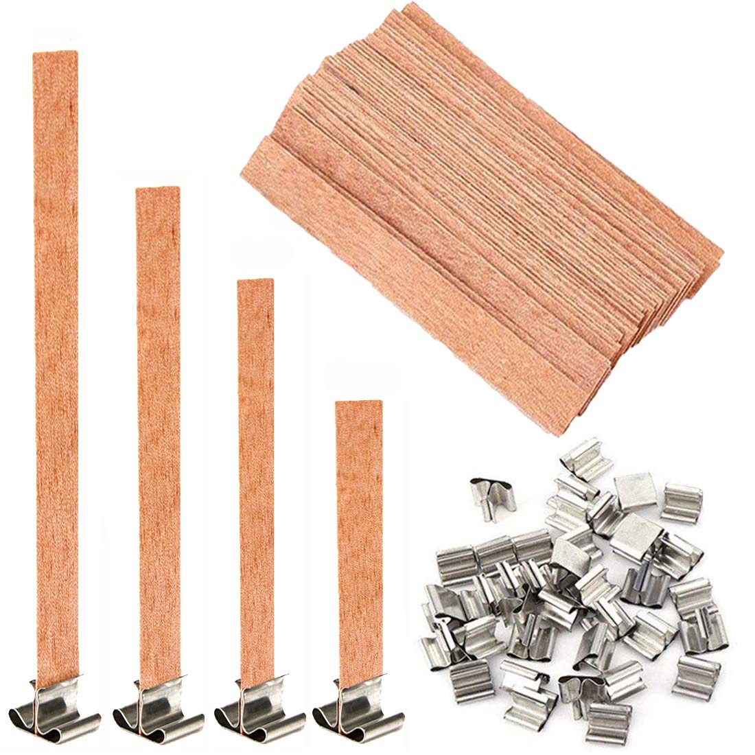Simoda 60 PCS Wood Candle Wicks with Iron Stand Candle Cores Natural Environmental-Friendly Wick for Candle Making and Candle DIY Craft,4 Sizes (60pcs)