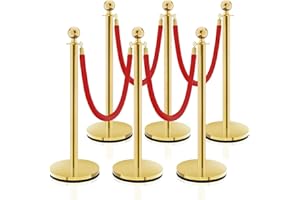 SHAREWIN 6PCS Stanchion Post, Crowd Control Barriers, 5 ft Red Velvet Rope Red Carpet Ropes and Poles, Stainless Steel Gold Stanchions Used for Theaters, Parties, Wedding, Exhibition