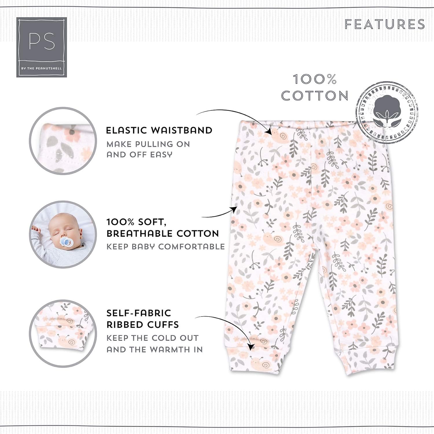 The Peanutshell Baby Girl Pants Set | 5 Pack in Newborn to 24 Month Sizes | Floral, Pink, White, Stars: Clothing