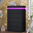 HAUOMS Tall 5 Drawer Dresser with LED Light, Black Modern Chest of Drawers for Bedroom,Closet Dressers with Drawers for Living Room, Entryway, Hallway
