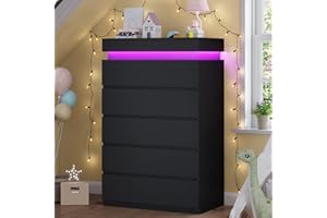 HAUOMS Tall 5 Drawer Dresser with LED Light, Black Modern Chest of Drawers for Bedroom,Closet Dressers with Drawers for Living Room, Entryway, Hallway