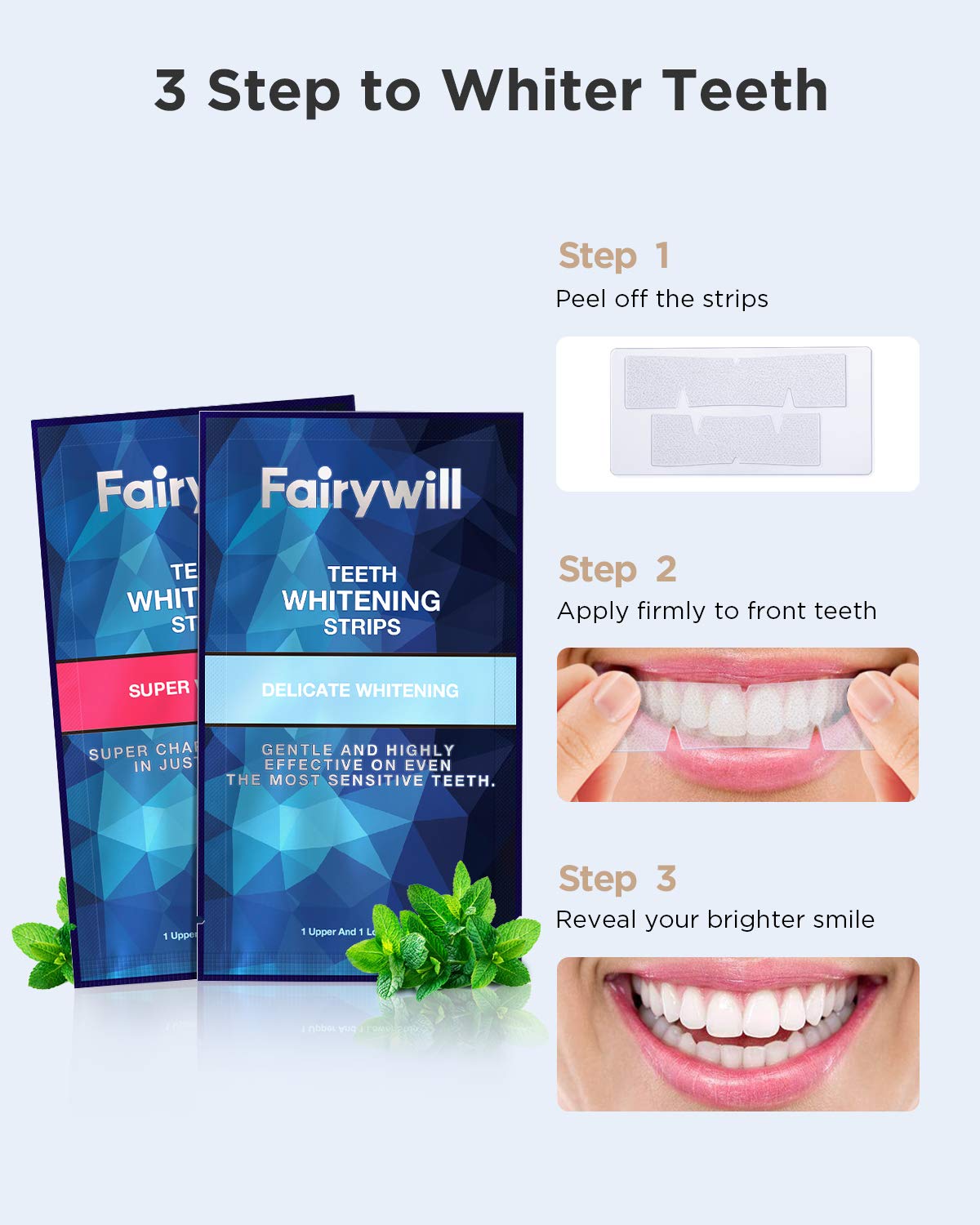 Fairywill Teeth Whitening Strips Pack of 50 pcs, Professional Effect White Strips for Teeth Whitening, Enamel Safe Whitening Strips for Sensitive Teeth, Teeth Whitening Kit Remove Tough Stains: Beauty